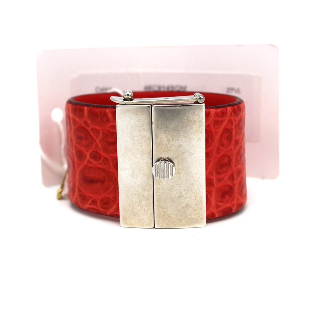 CELINE Manchette Silver Cuff Bracelet Red Python Embossed Leather S NEW Italy - Picture 1 of 7